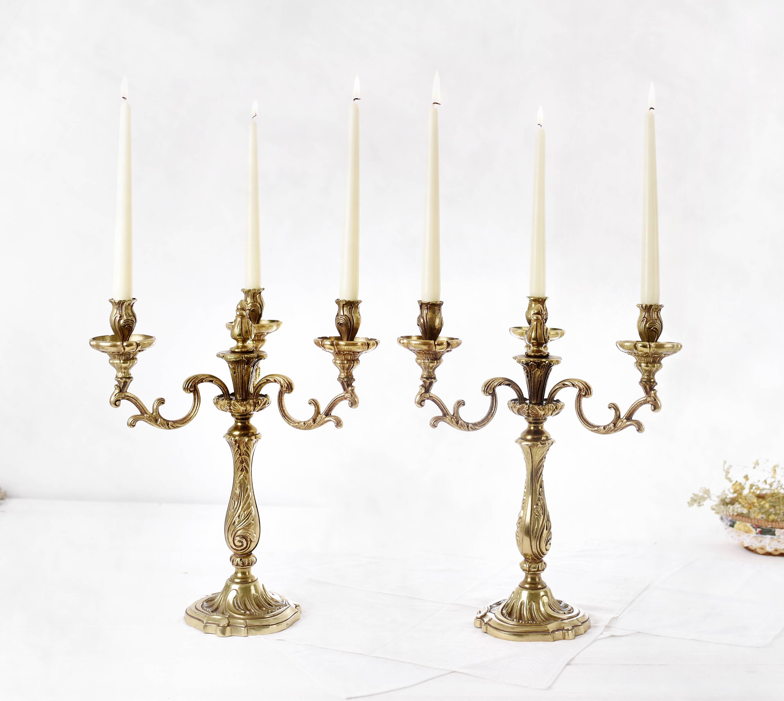 Pair of antique 6-arm bronze candelabras, 19th century