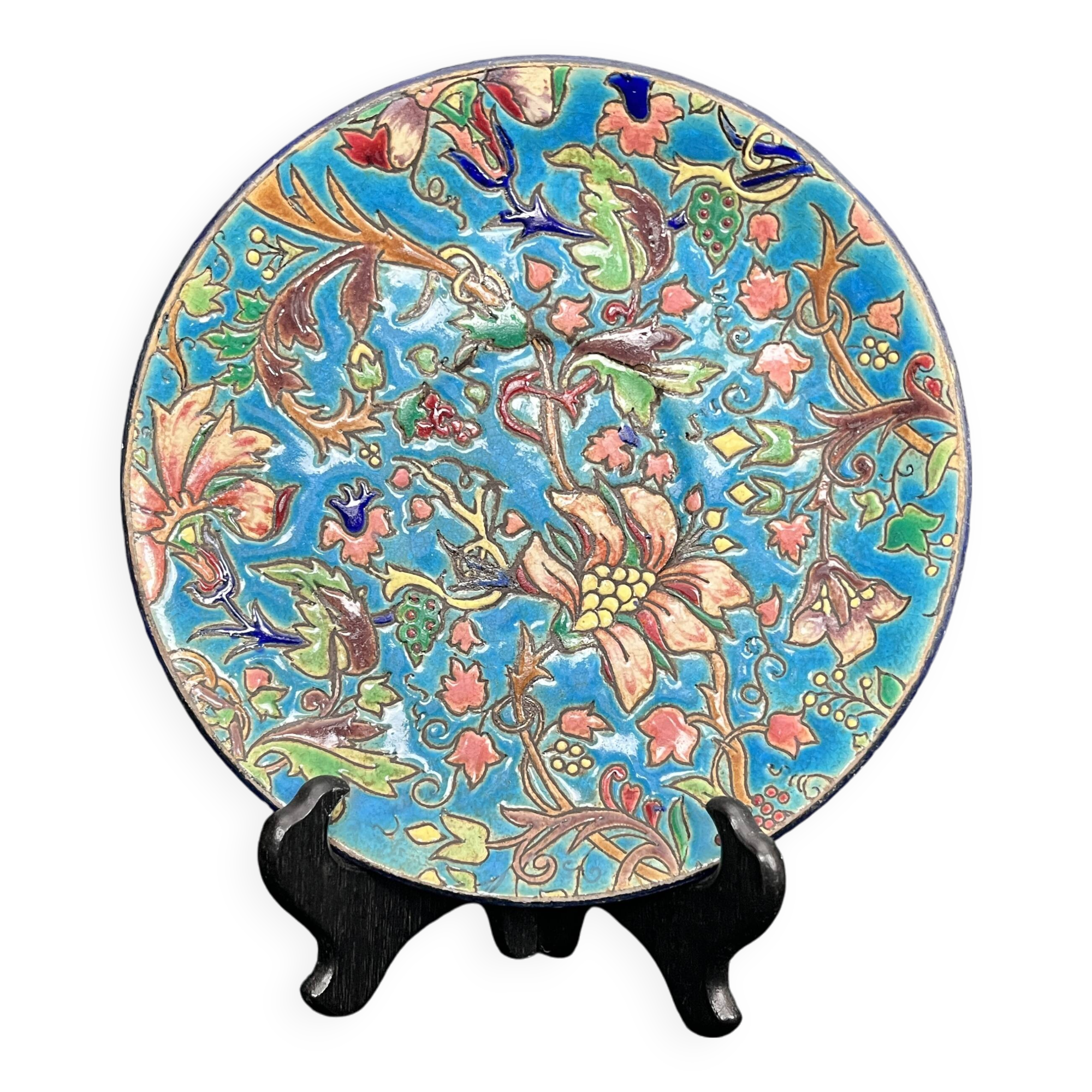 Longwy, small enamel plate with floral decoration, 19th century