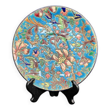 Longwy, small enamel plate with floral decoration, 19th century