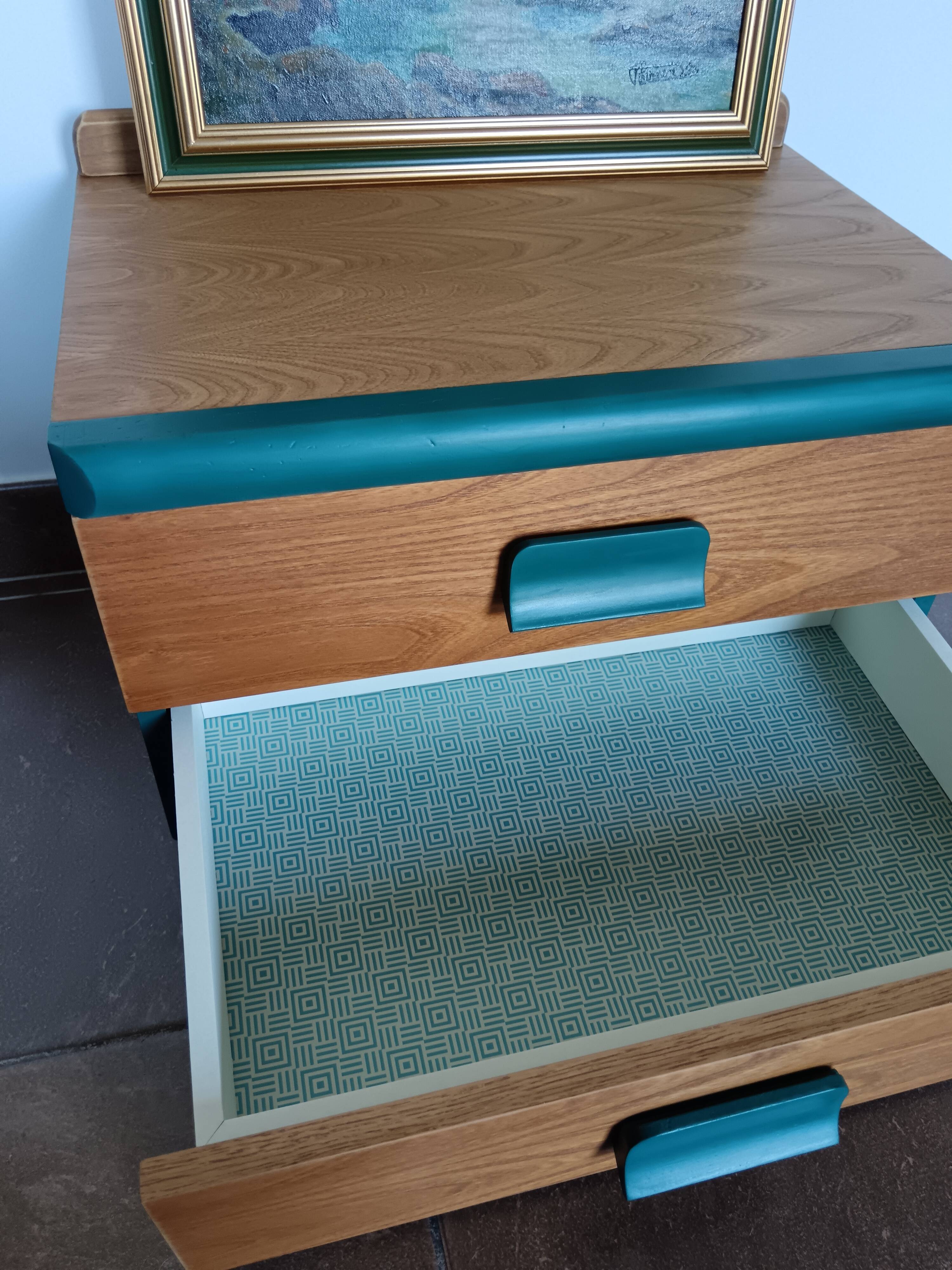 Table de chevet / Meuble d'appoint vert canard et bois – Style Scandinave