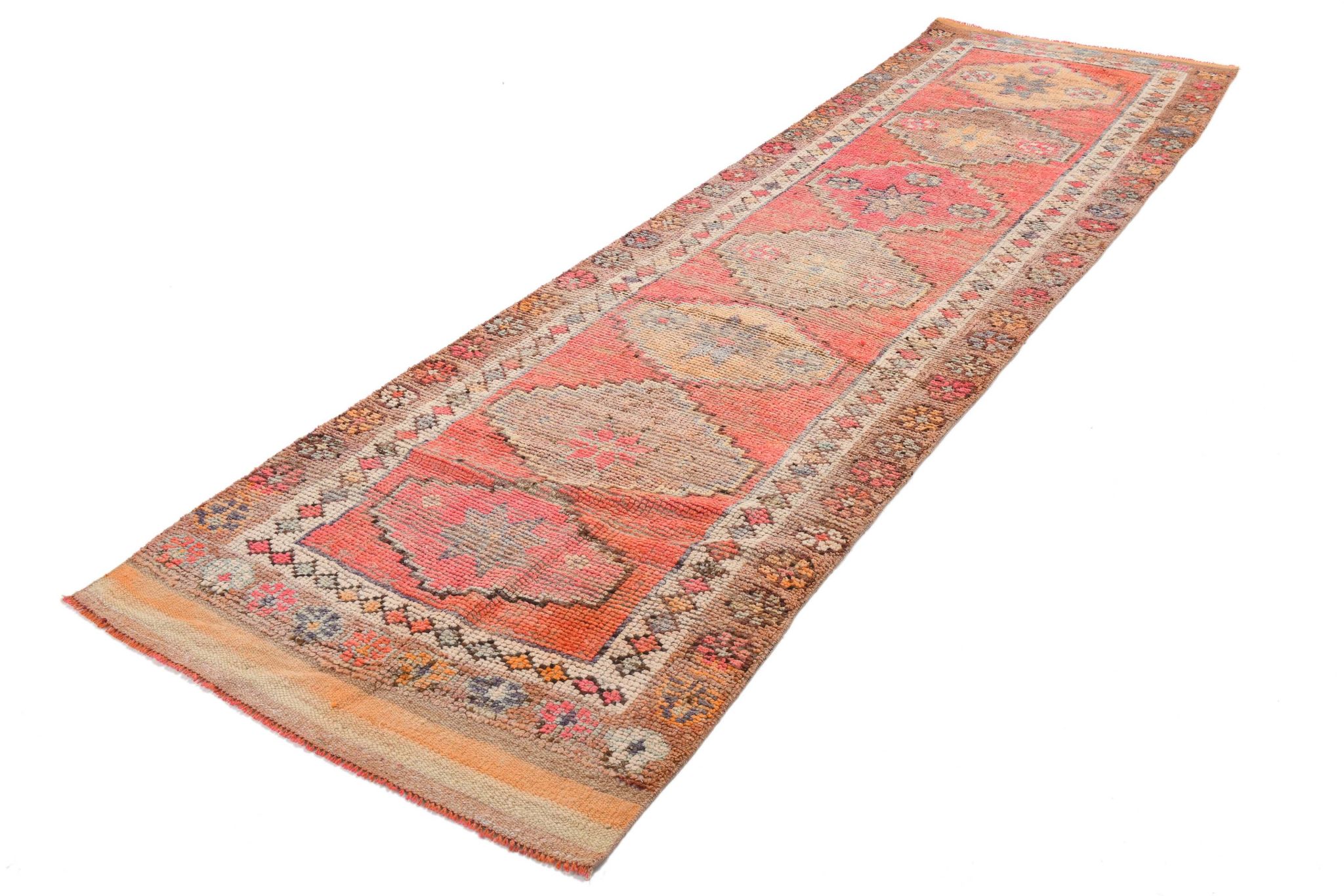 3x11 Pink Salmon Oriental Vintage Runner Rug, 99x341Cm