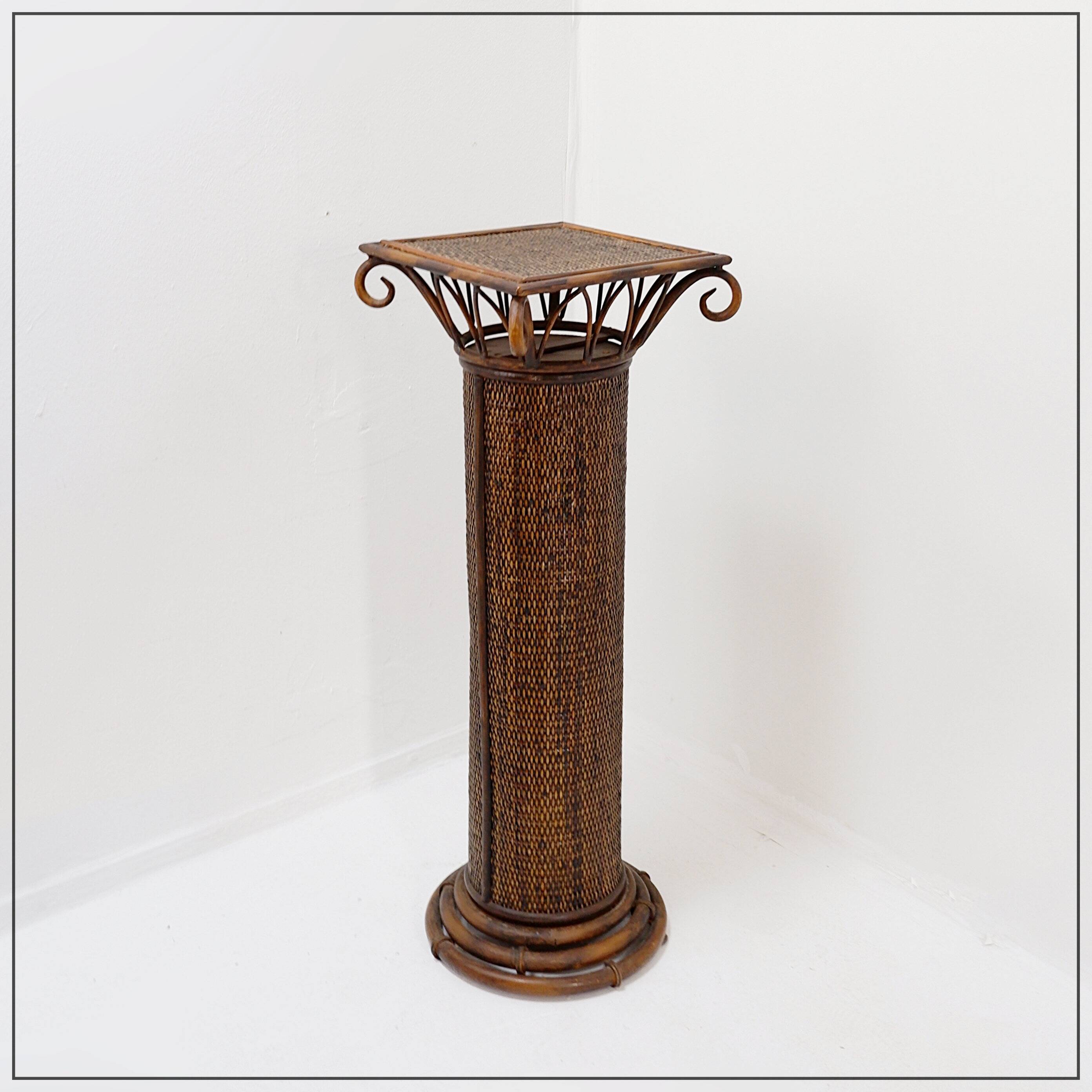 Vintage wicker and bamboo pedestal column