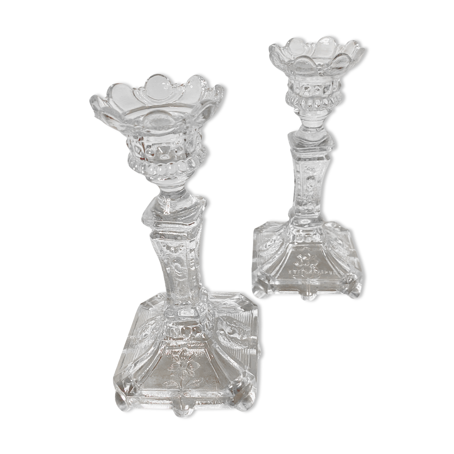 Pair of molded glass candle holders - Vallerysthal crystal