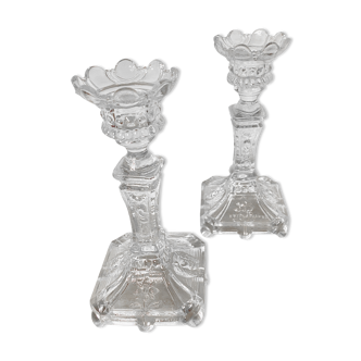 Pair of molded glass candle holders - Vallerysthal crystal