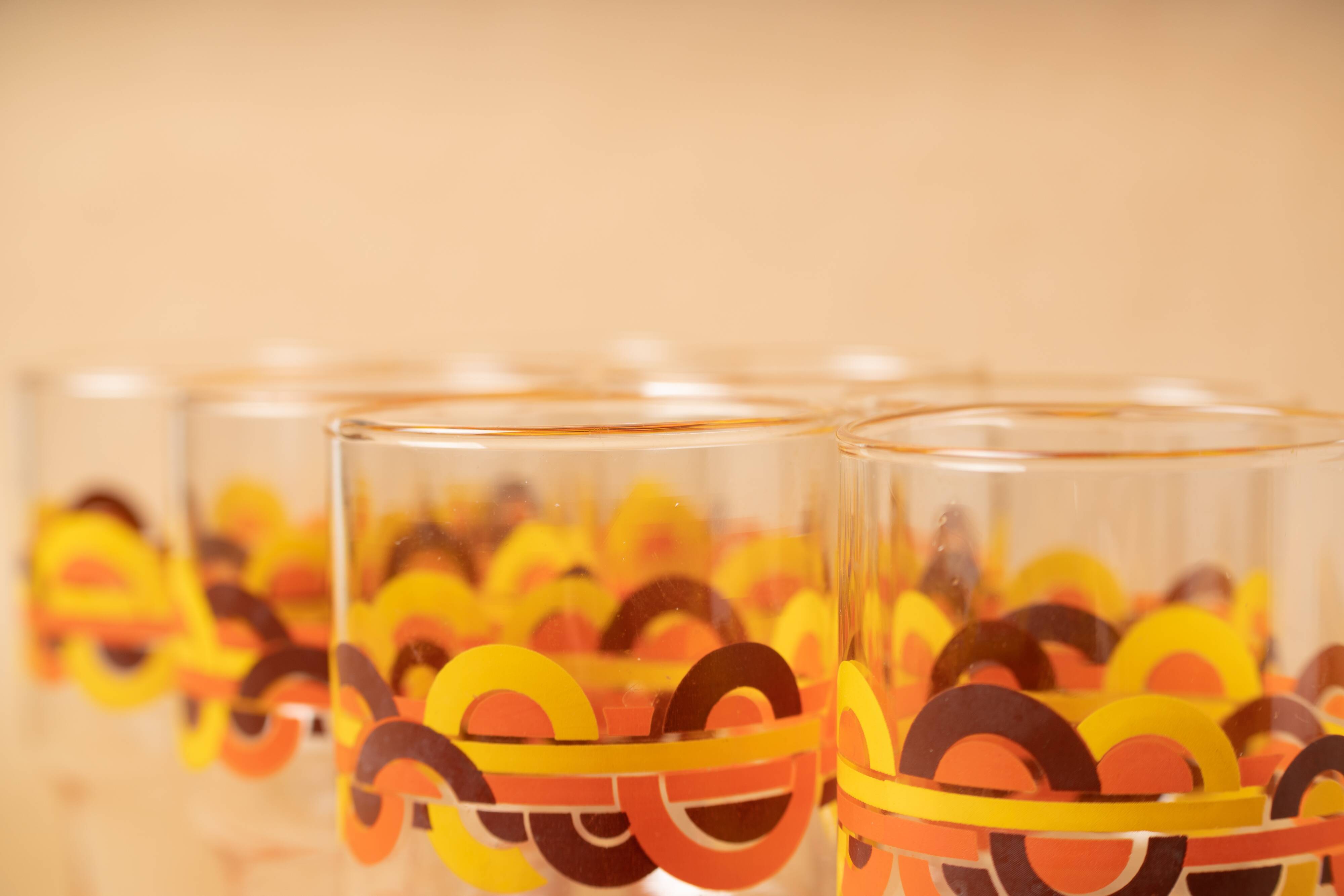 7 glasses orangeade orange pattern circles silkscreen prints vintage 1970