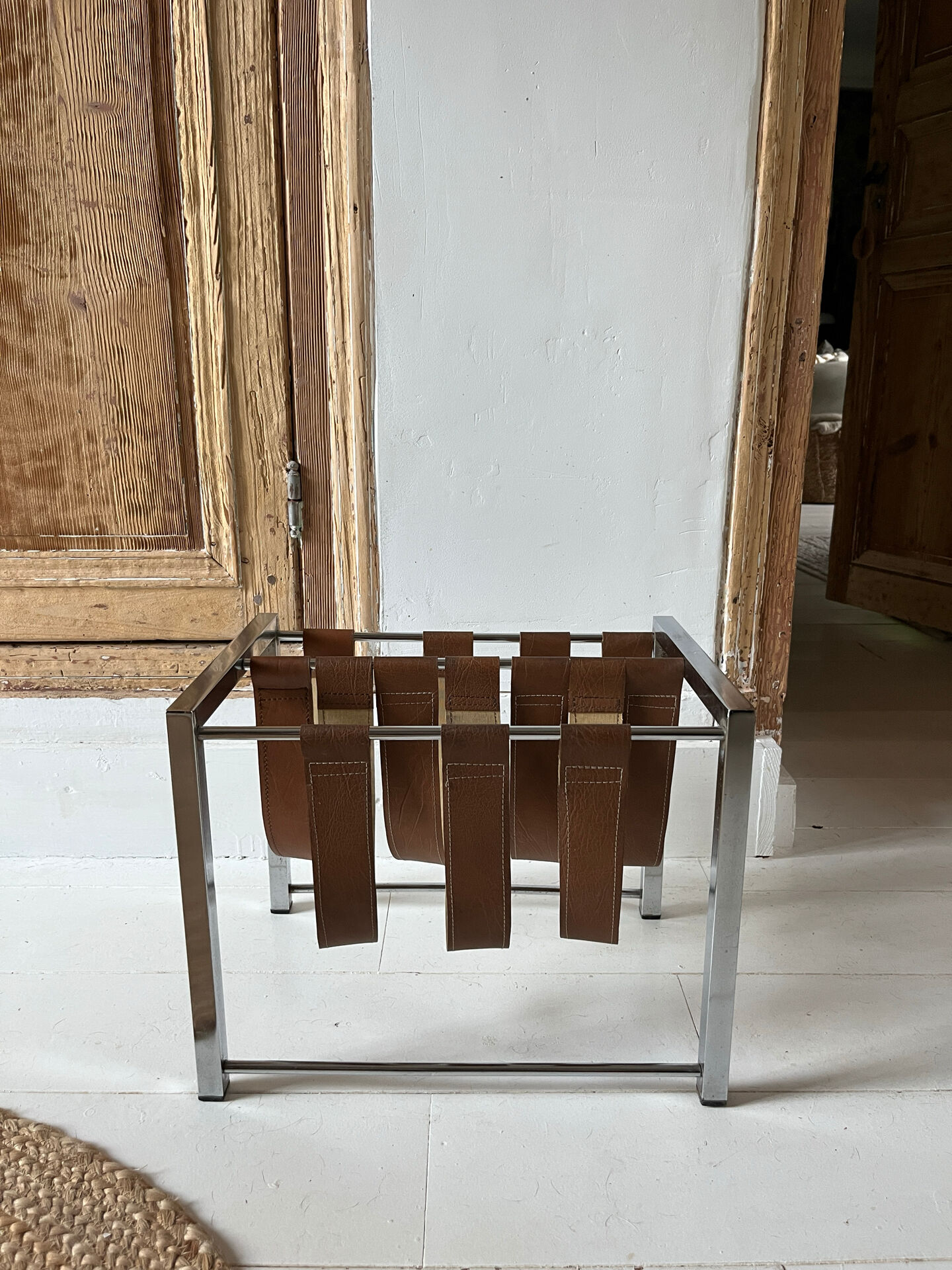 Vintage chrome steel and leather magazine rack – 1970s