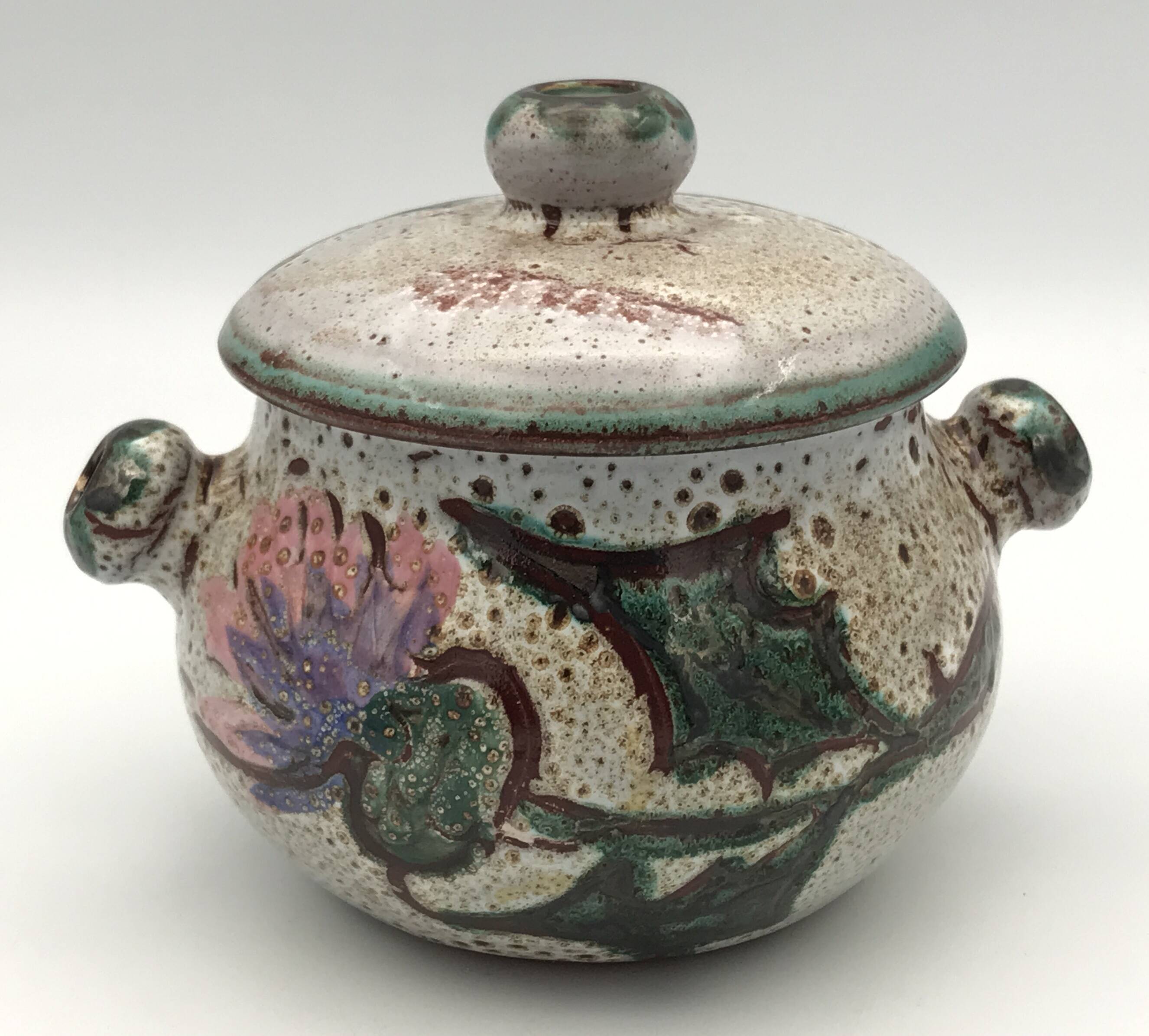 Vintage candy jar in enameled ceramic from Vallauris with thistle decoration