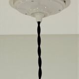 Industrial pendant light made of speckled enameled sheet metal and opaline