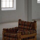 Brutalist lounge chair in solid pine, Swedish modern, made in the 1970s.
