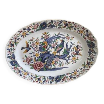 Very large oval ceramic dish, floral decoration with birds.