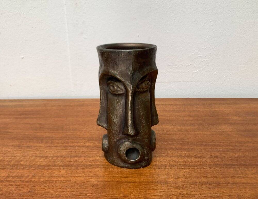 Abstract vase with a brutalist bronze face from the mid-century.