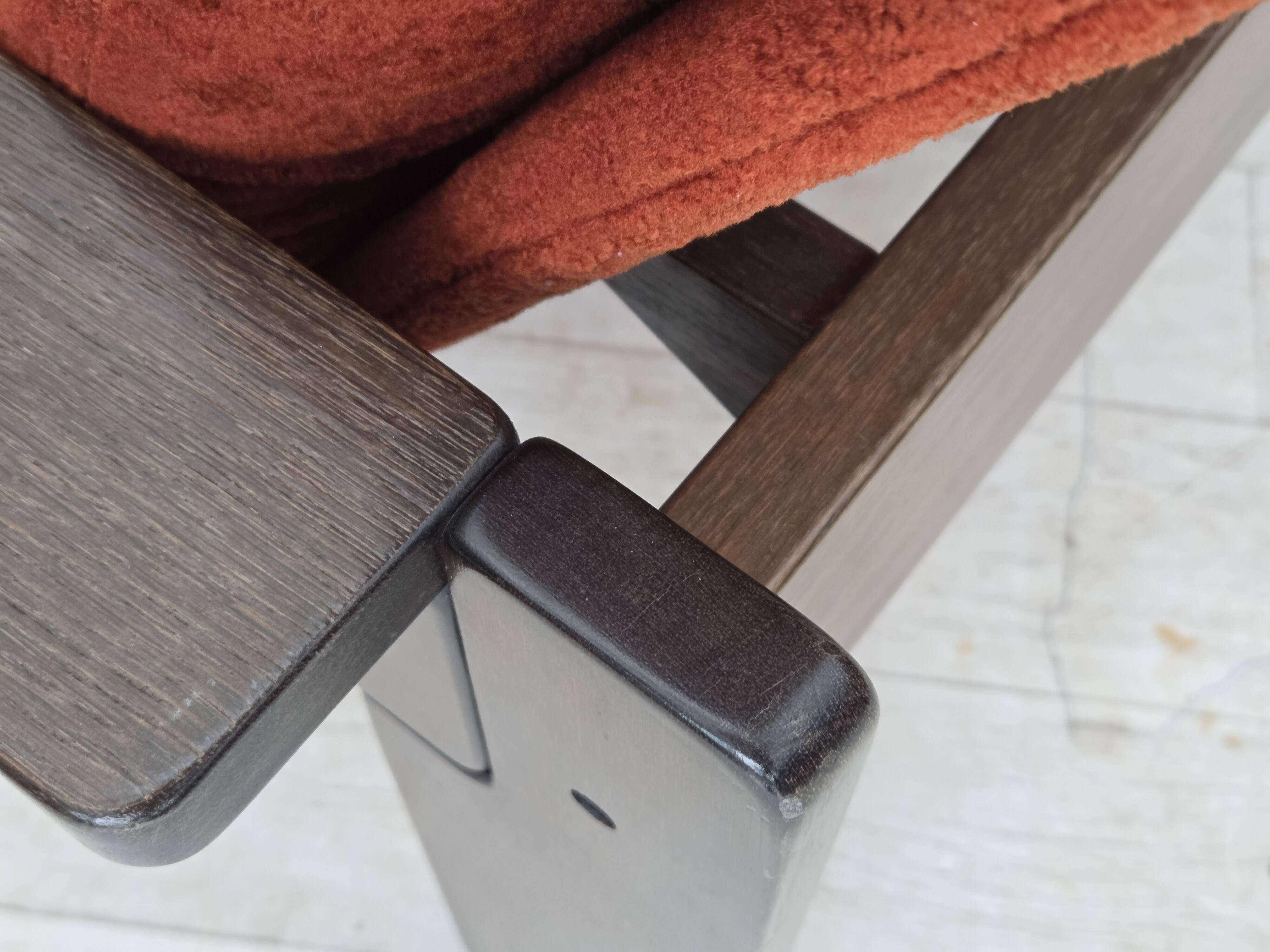 1970s, Danish armchair, orange/red furniture velour, dark oak wood.