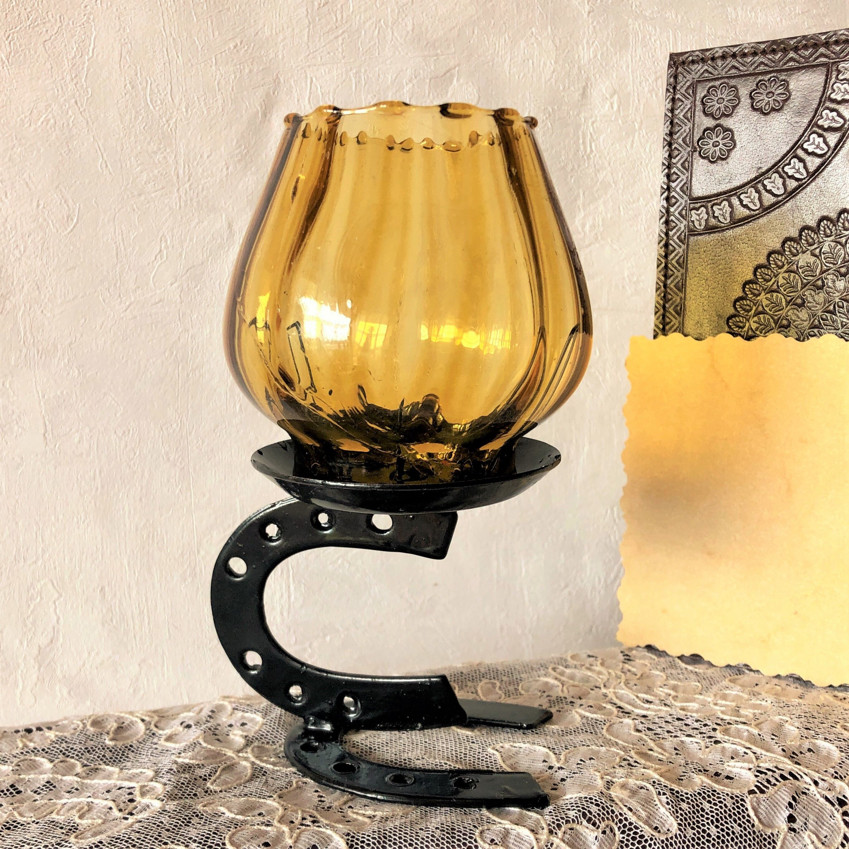 Candle holder photophore metal horseshoe and vintage amber glass