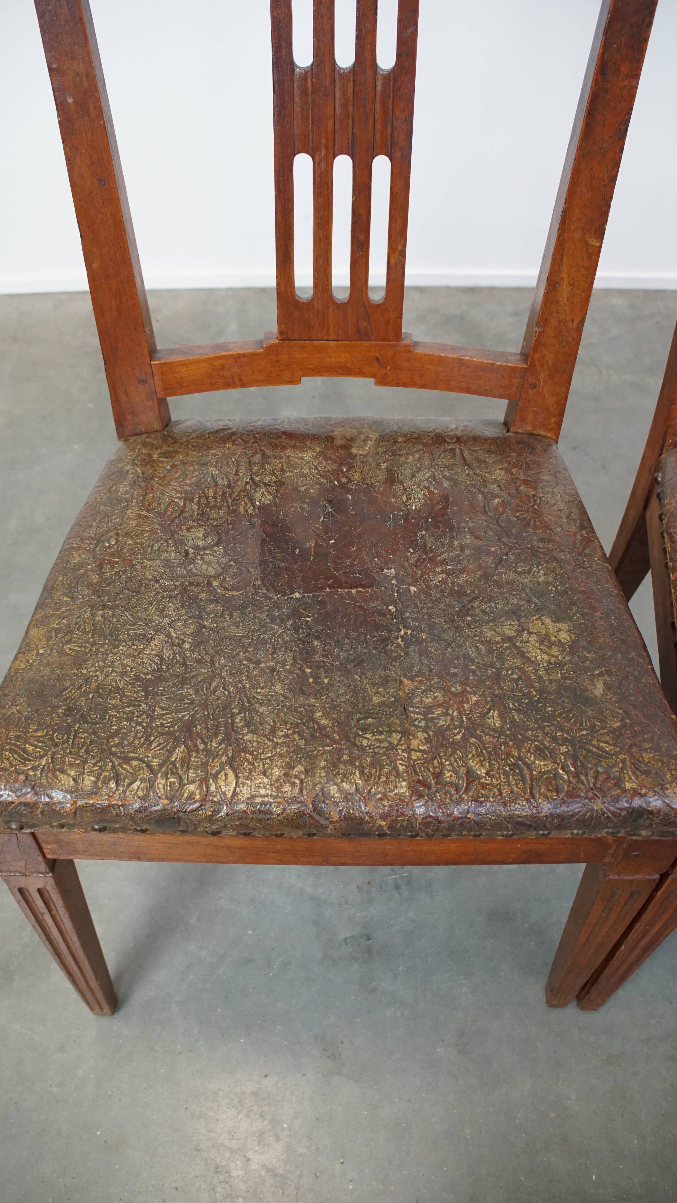 Ensemble de 6 chaises de salle à manger en cuir antiques d'origine néerlandaise