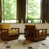 Ensemble de 2 fauteuils club Art Déco cubiste en bois et velours, Allemagne 1920