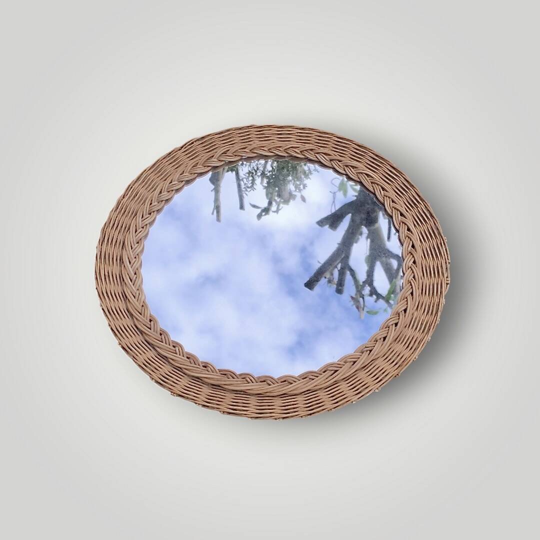 Antique round woven wicker mirror – 40 cm – 1970s