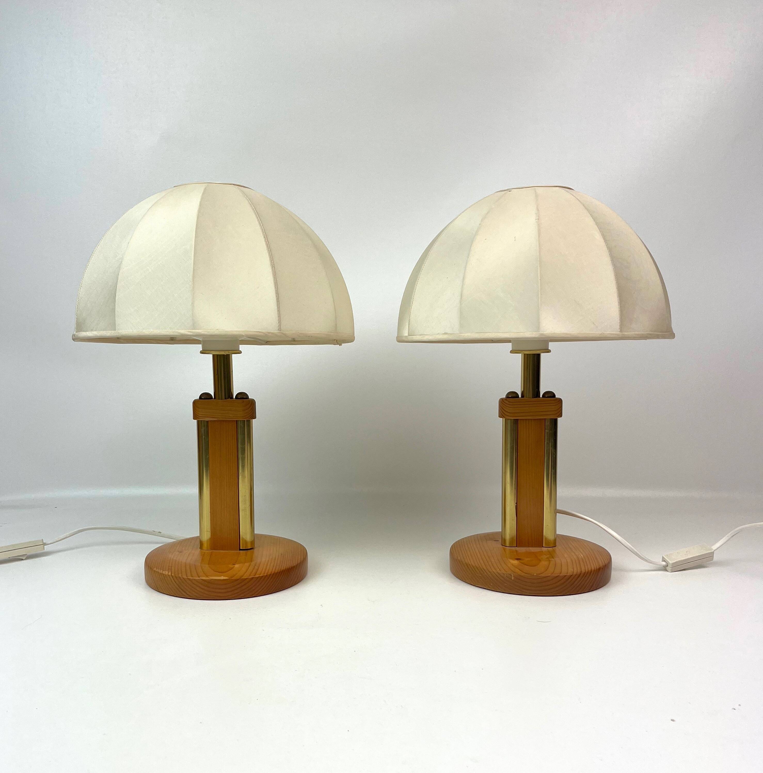 Pair Danish Modern Mid Century Pine Wood Cocoon Bedside Lamps