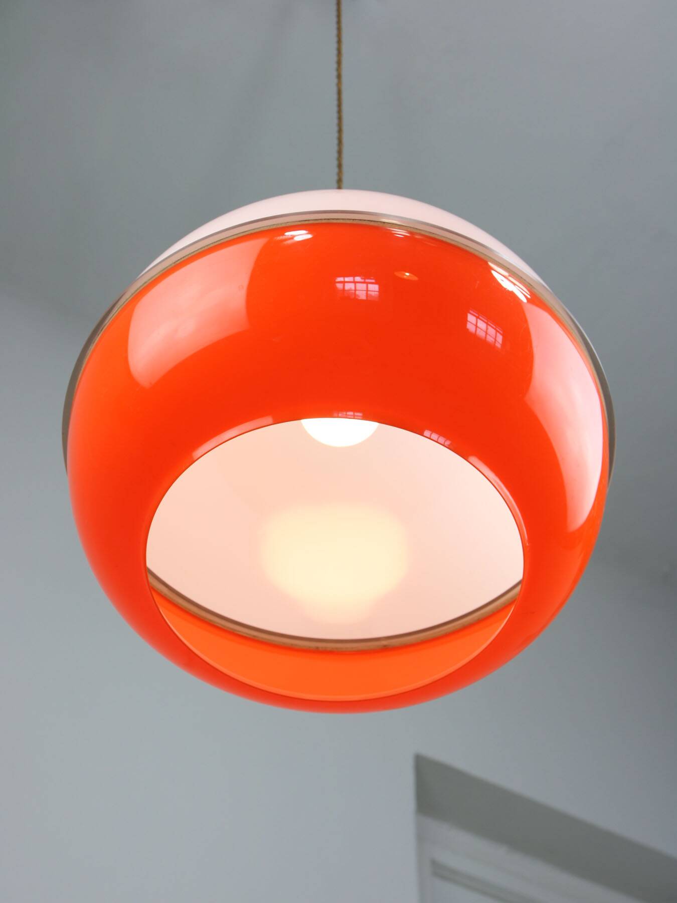 Space Age Italian Orange Plexiglass and Brass Pendant Lamp, 1970s