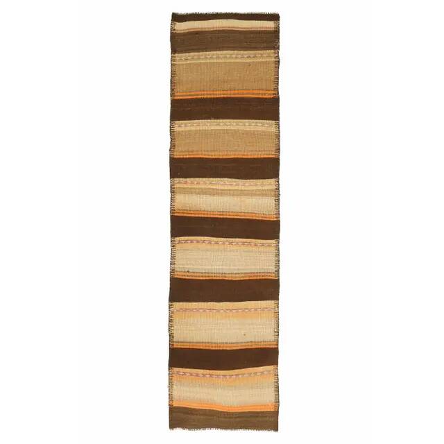 Vintage Turkish Oushak handmade wool cotton beige kilim runner rug 79x303
