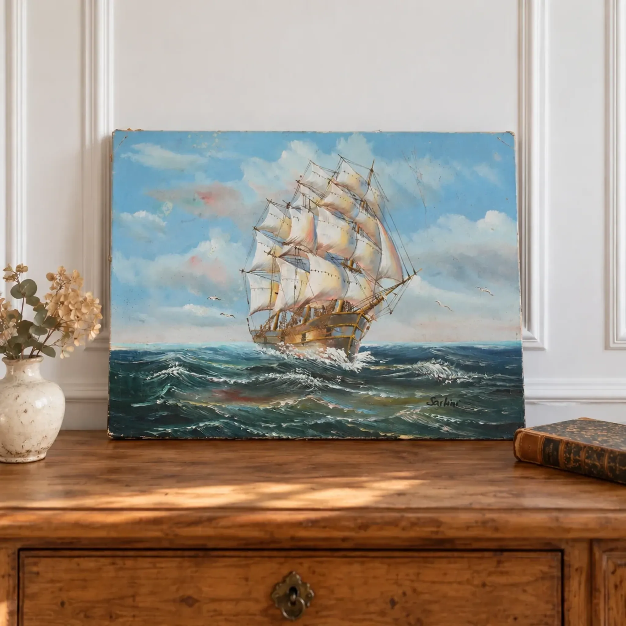Marine painting on canvas signed "Sartini" – Large sailing ship at sea – 40 × 30 cm