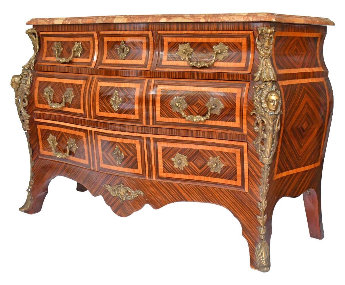Tomb-shaped commode in Louis XV style with decoration featuring Spanish figures.