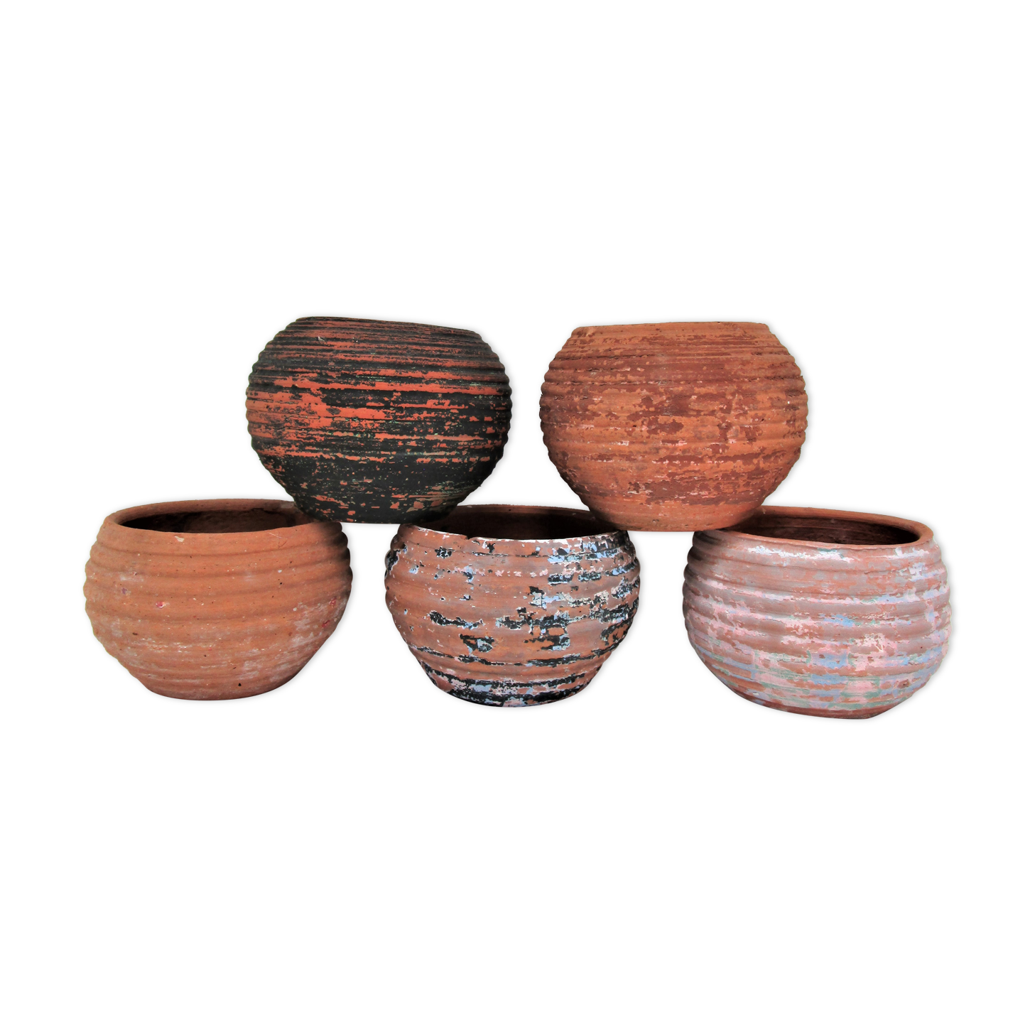 Five pots terracotta patina vintage
