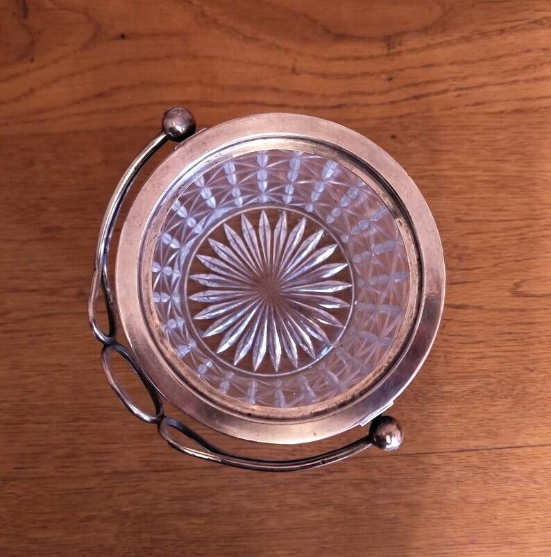 Vintage French barrel-style cut glass ice bucket, decorative metal handle 4506