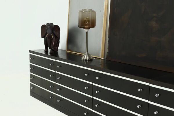 Grand buffet modulaire en bois ébène avec accents en aluminium des années 1980