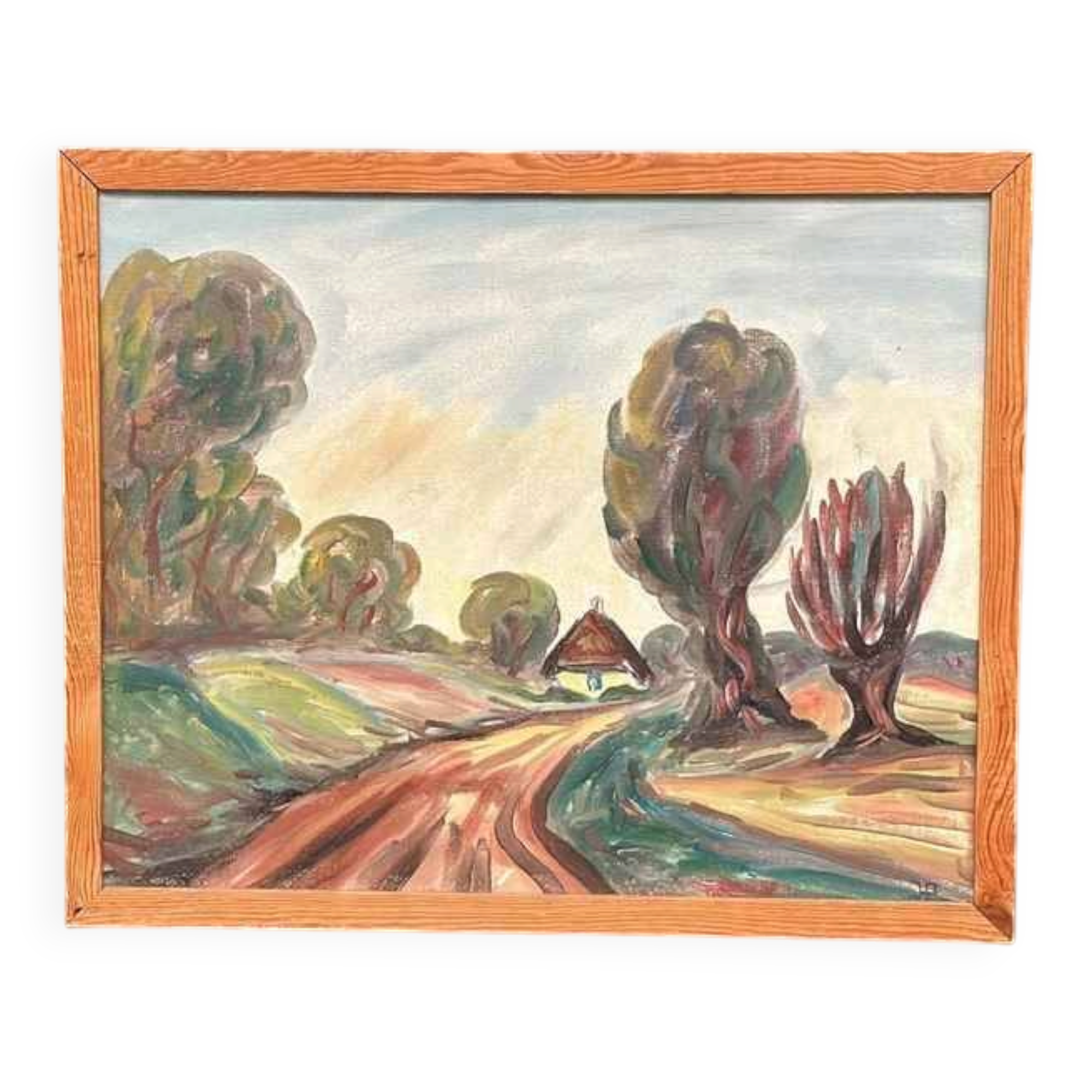 Original Mid Century Swedish Oil On Panel – “Path” By J.A. – Vintage & Framed – 74 × 60 Cm