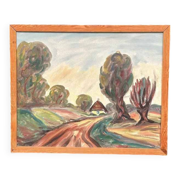 Original Mid Century Swedish Oil On Panel – “Path” By J.A. – Vintage & Framed – 74 × 60 Cm