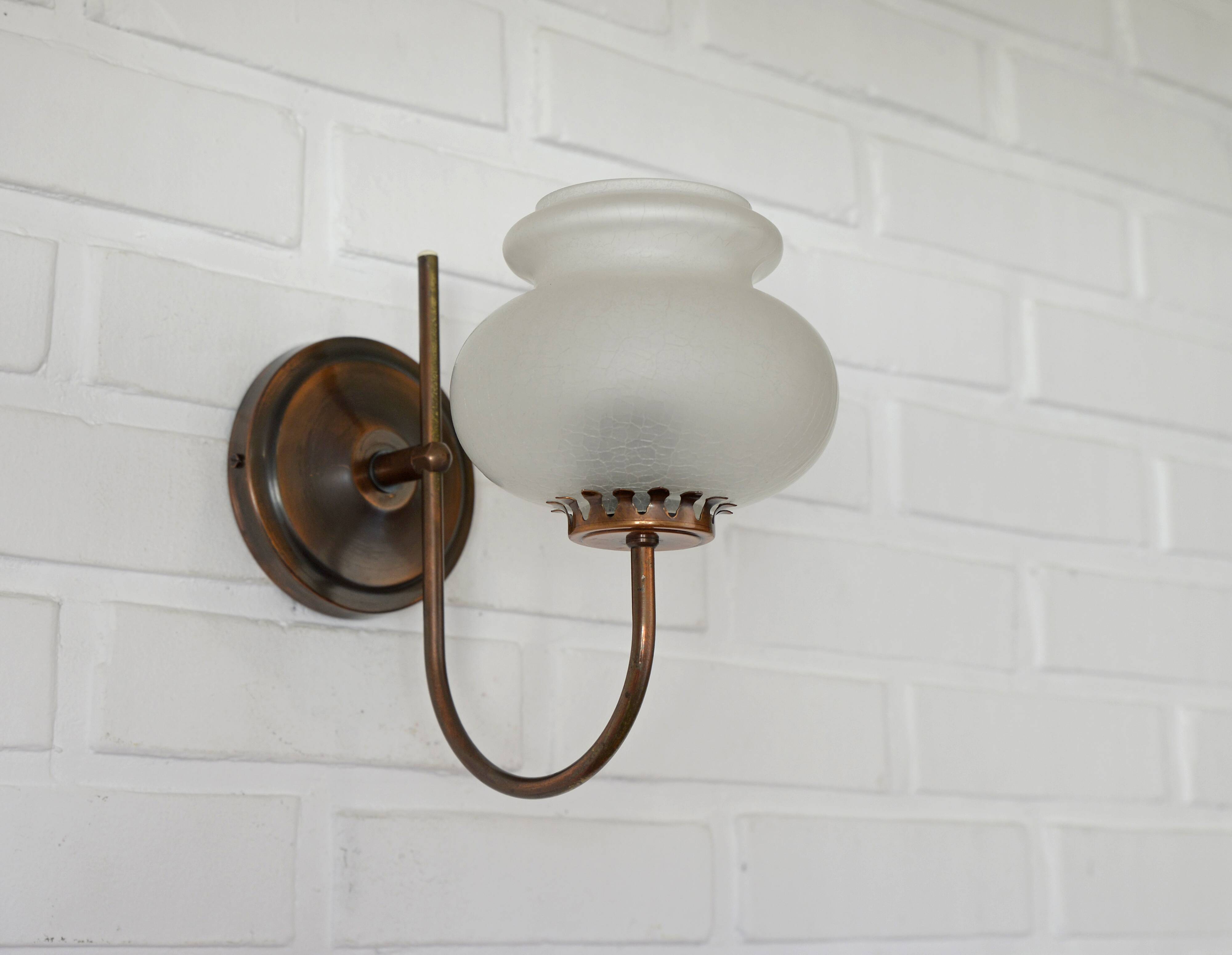 Vintage wall lamps / set of 3 / copper and ice glass rustic sconces