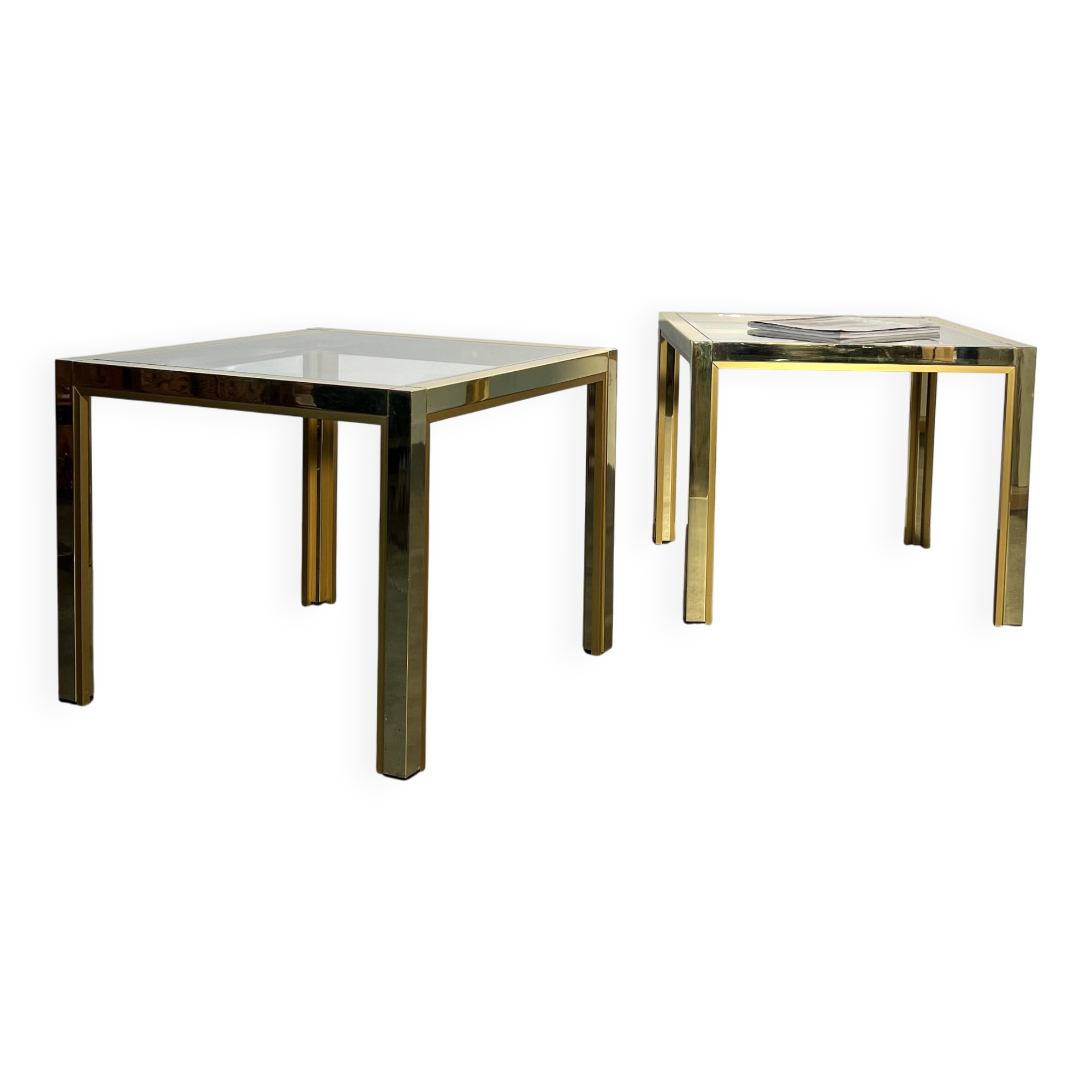 Pair of coffee tables, side table, glass and brass 60x60cm Italy 1960
