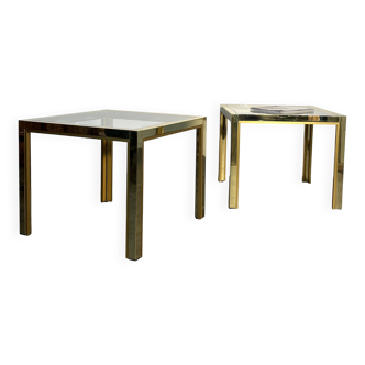 Pair of coffee tables, side table, glass and brass 60x60cm Italy 1960