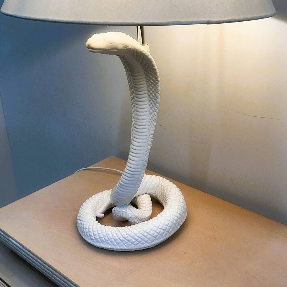 Vintage white ceramic cobra table lamp, 1970s. Attributed to Tommaso Barbi.