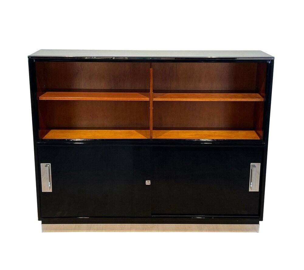 Vintage Bauhaus Office Cabinet in Black Lacquer and Mahogany, 1930