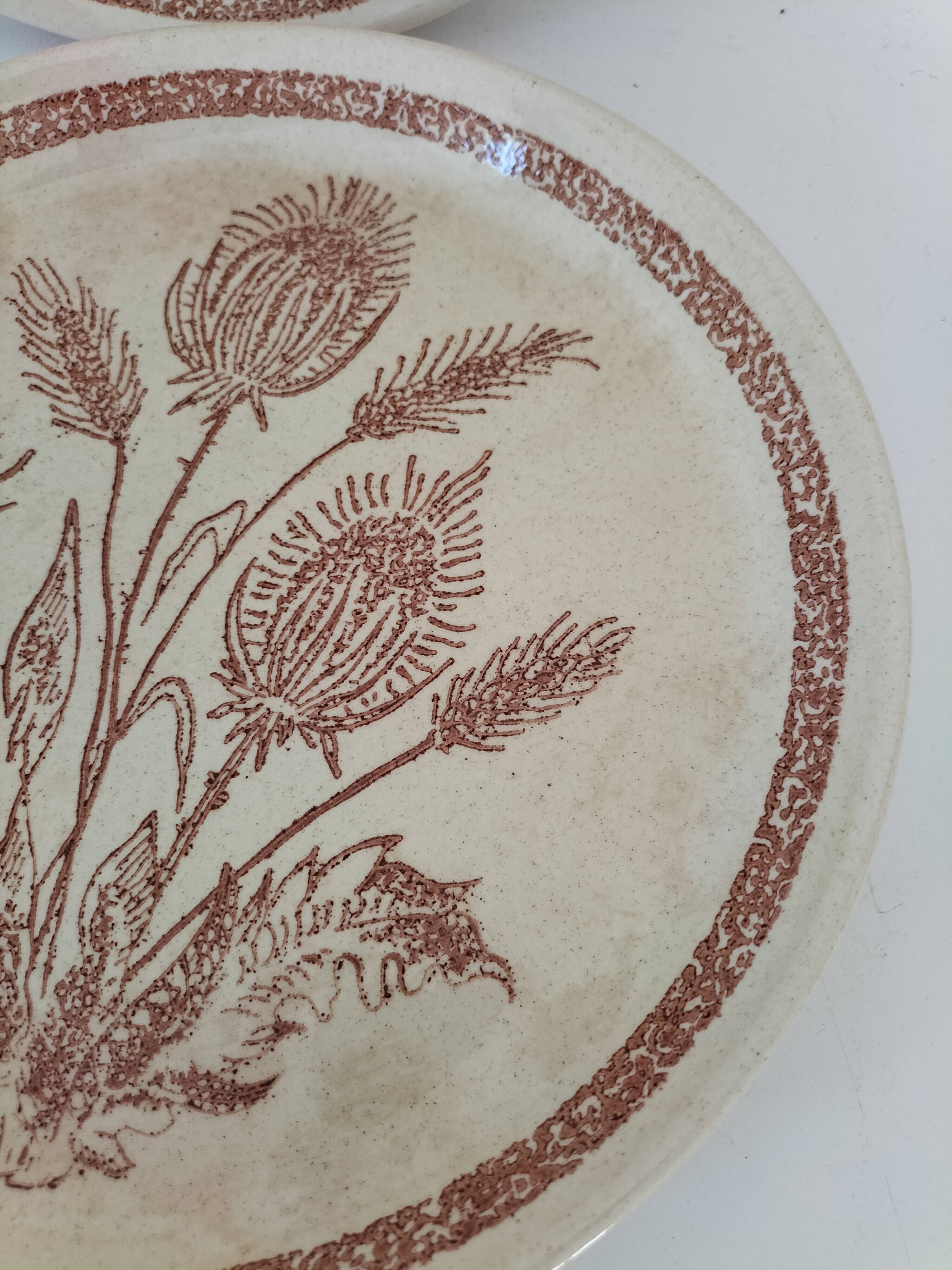 Pair of vintage plates with rusty brown thistle decoration – 1950s