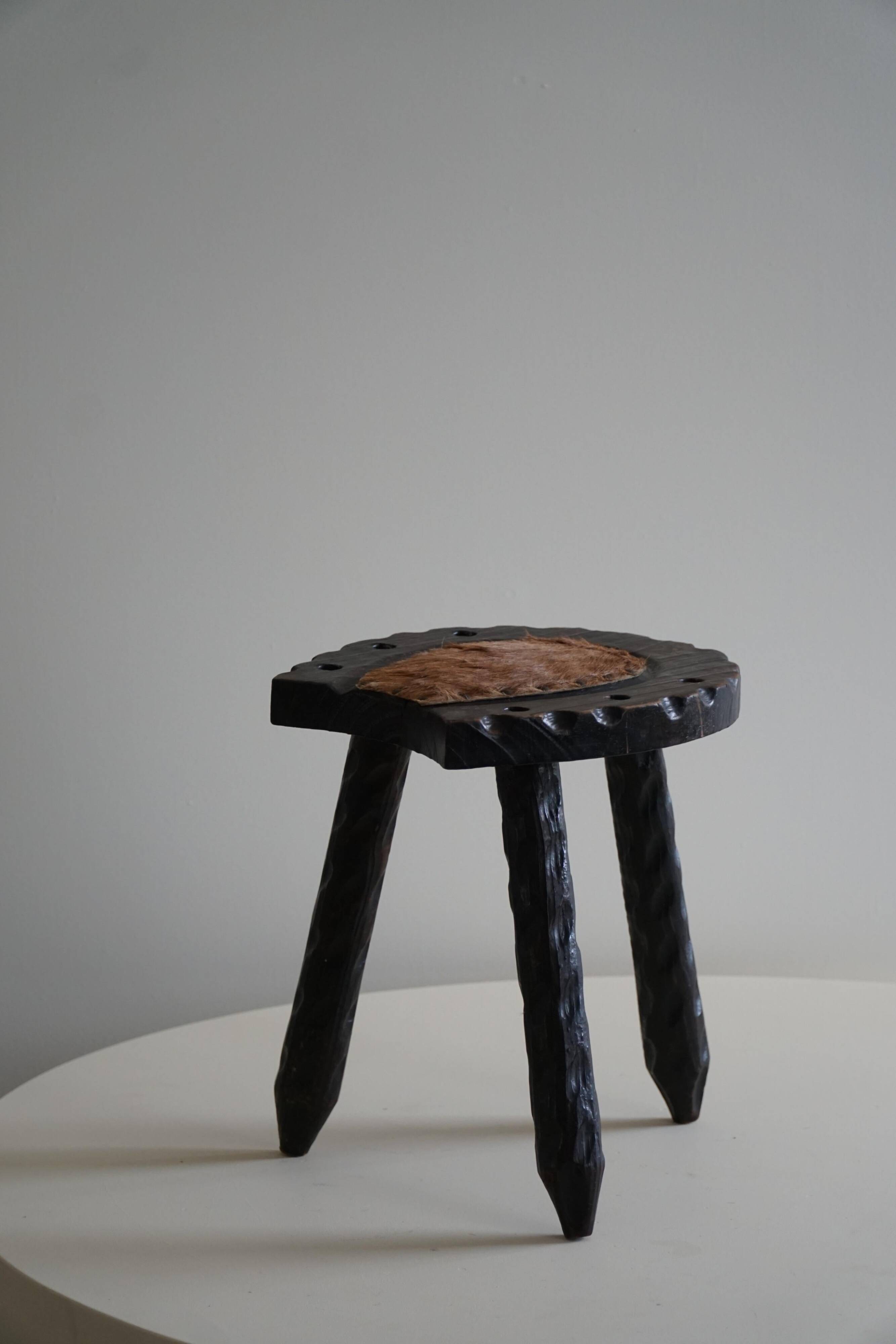 Swedish tripod stool in pine and cowhide, Wabi Sabi, 1950s