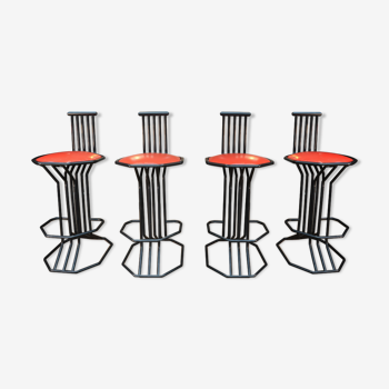 4 black lace-up tubular metal bar stools and seated in faux red leather 1970