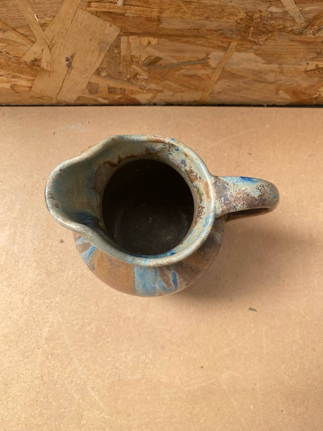 Antique art nouveau vintage blue brown flamed stoneware pitcher
