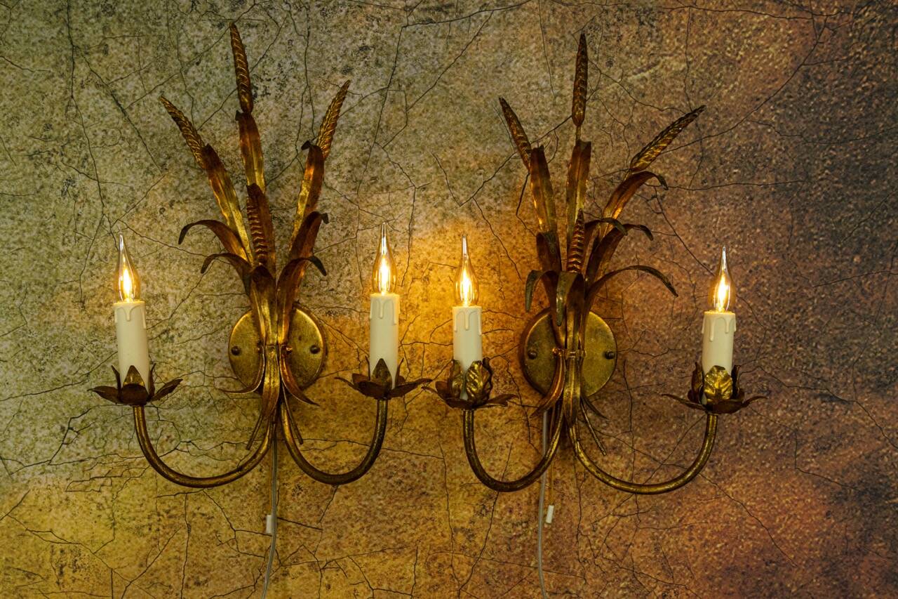 Pair of Hollywood Regency Style Gilt Metal Double-Arm Wheat Sconces, 1970s