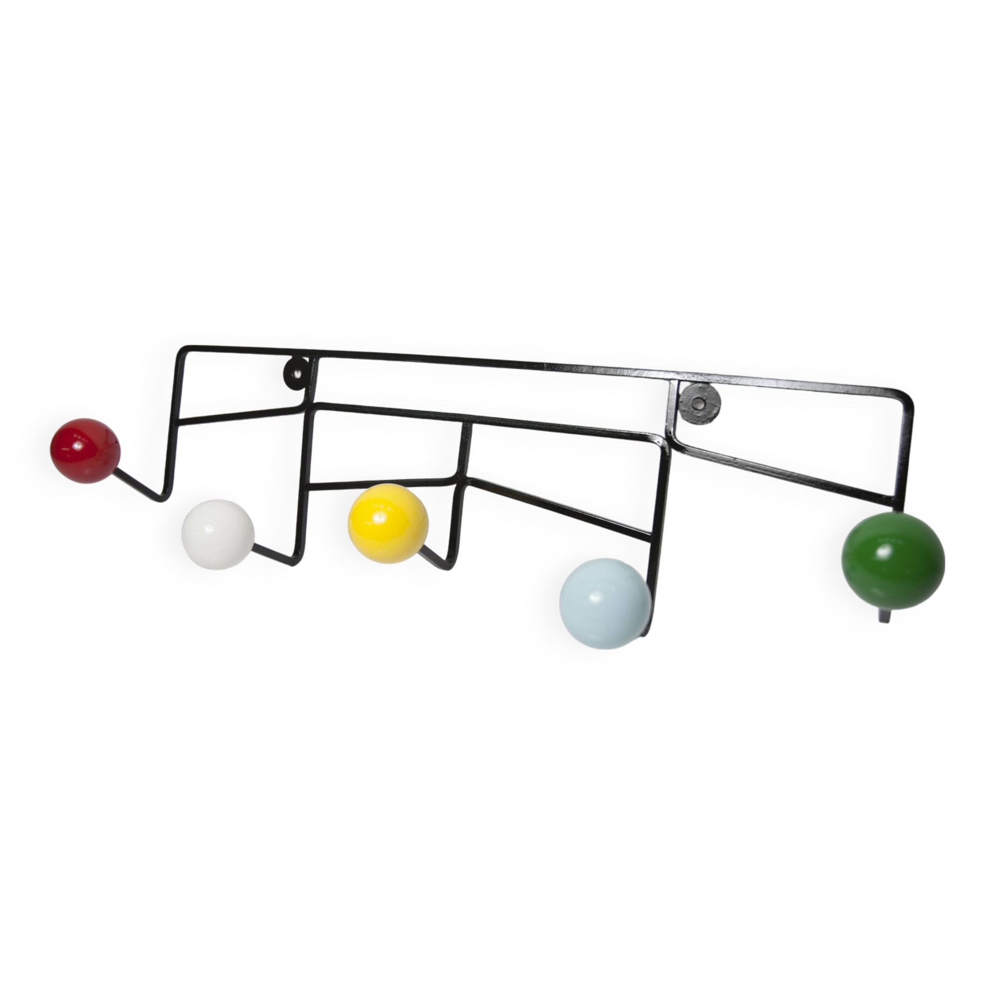 Portemanteaux mural 5 patères boules bois couleur et métal 1950
