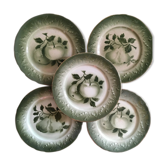 Green Lunéville K&G dessert plates with fruit décor.