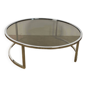 Round coffee table with smoked glass top and chrome base an70