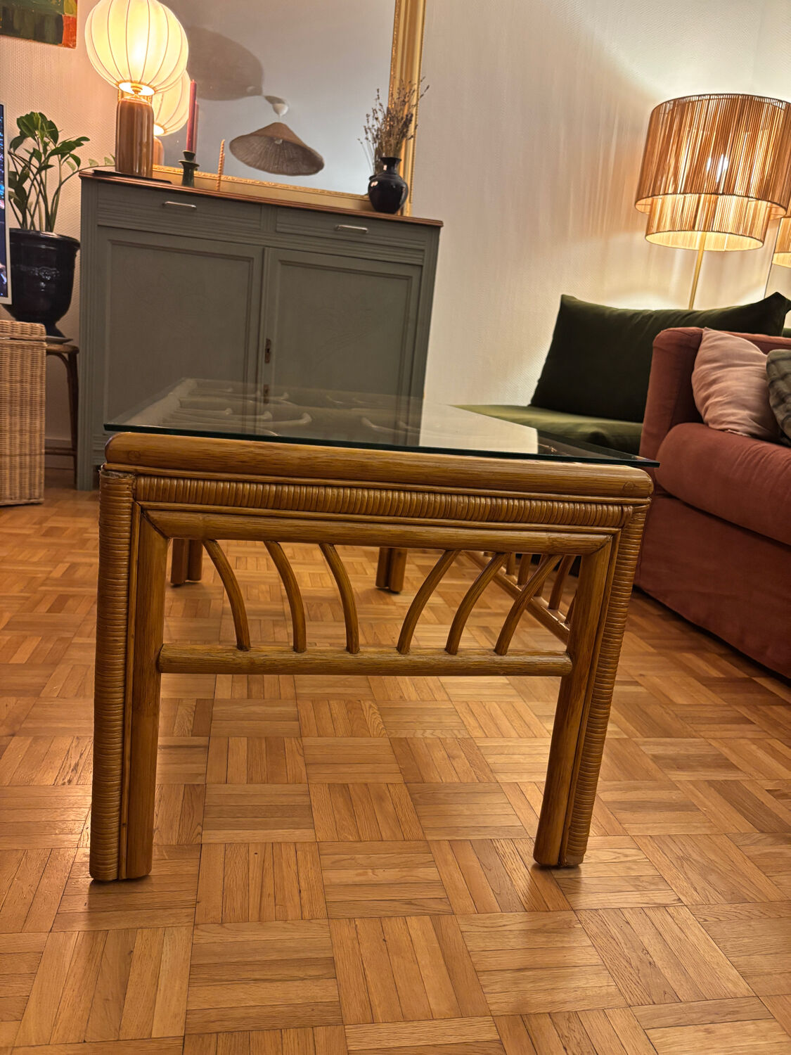 Glass and rattan coffee table
