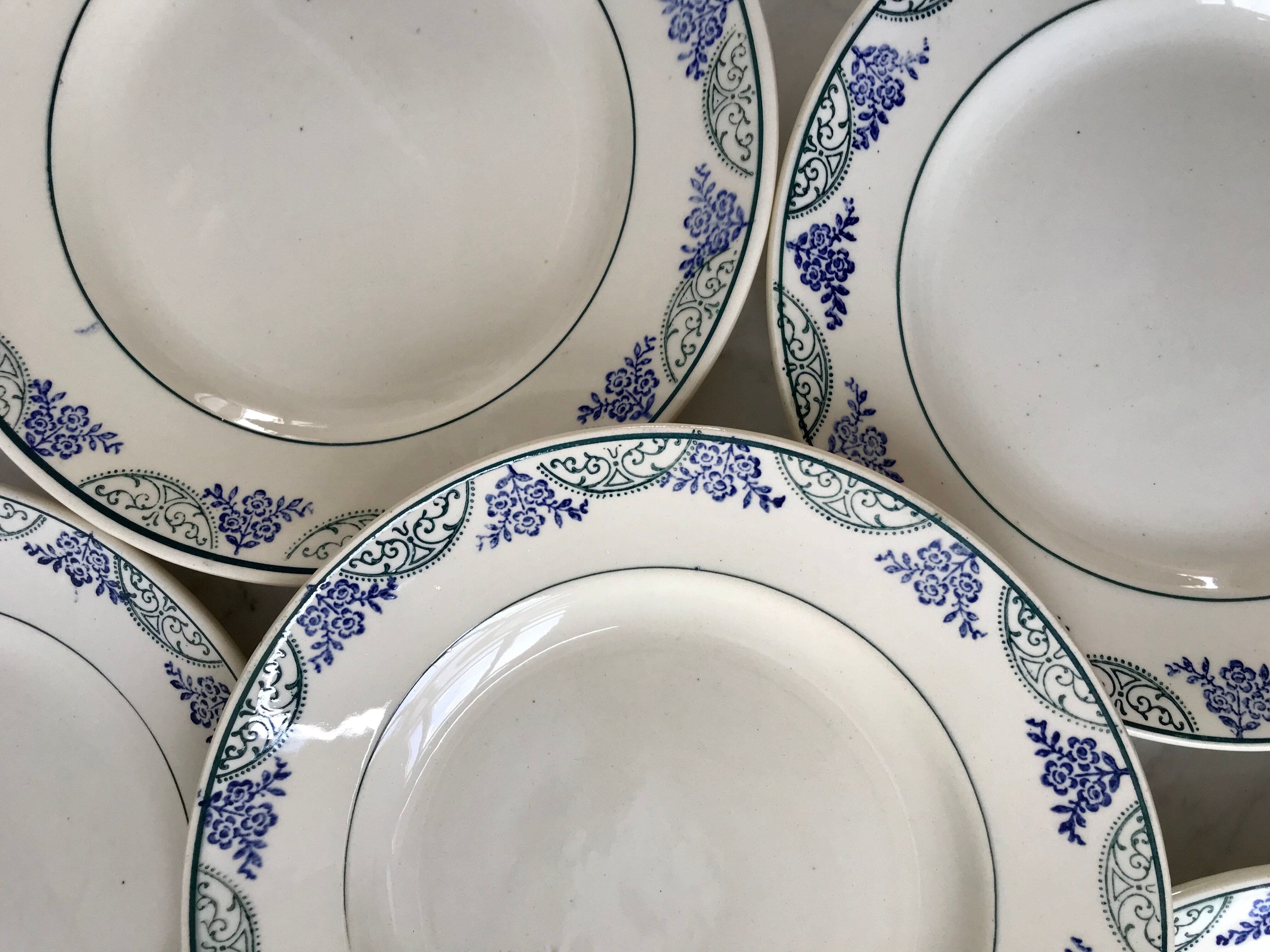 Lot de 6 assiettes plates Terre de Fer Moulins des Loups & Hamage vertes et bleues fin XIXème