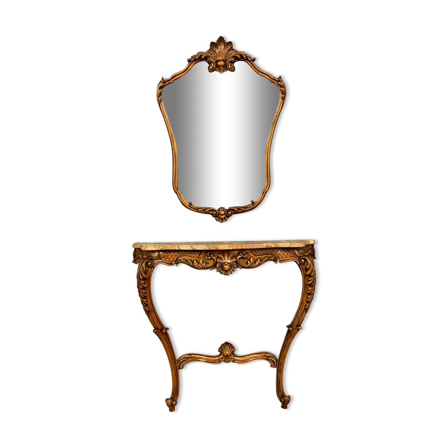 Louis XV Baroque console in natural wood with its mirror
