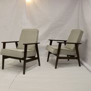 Pair of Henryk Lis armchairs 300-190s 1970s reupholstered gray textured fabric.