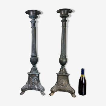 Large pair of bronze candlesticks from the Empire period around 1800 (almost 100cm high)