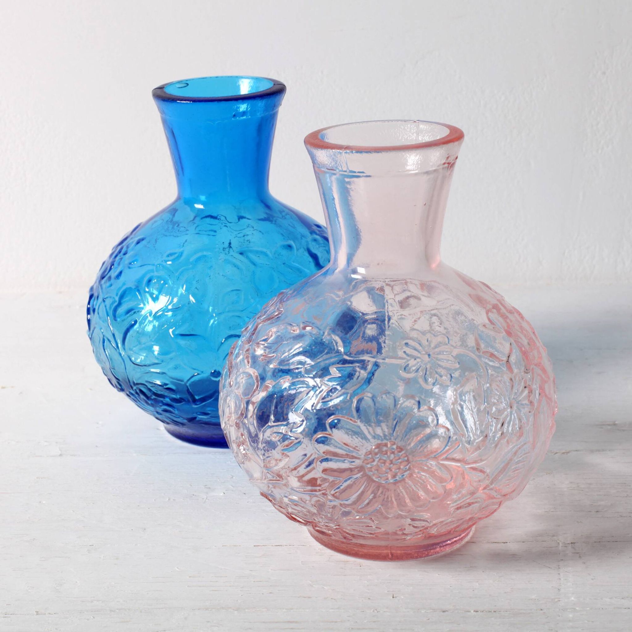 Set of 2 Vintage Small Blue and PinkGlass Vases with Flowers Pattern, Italy