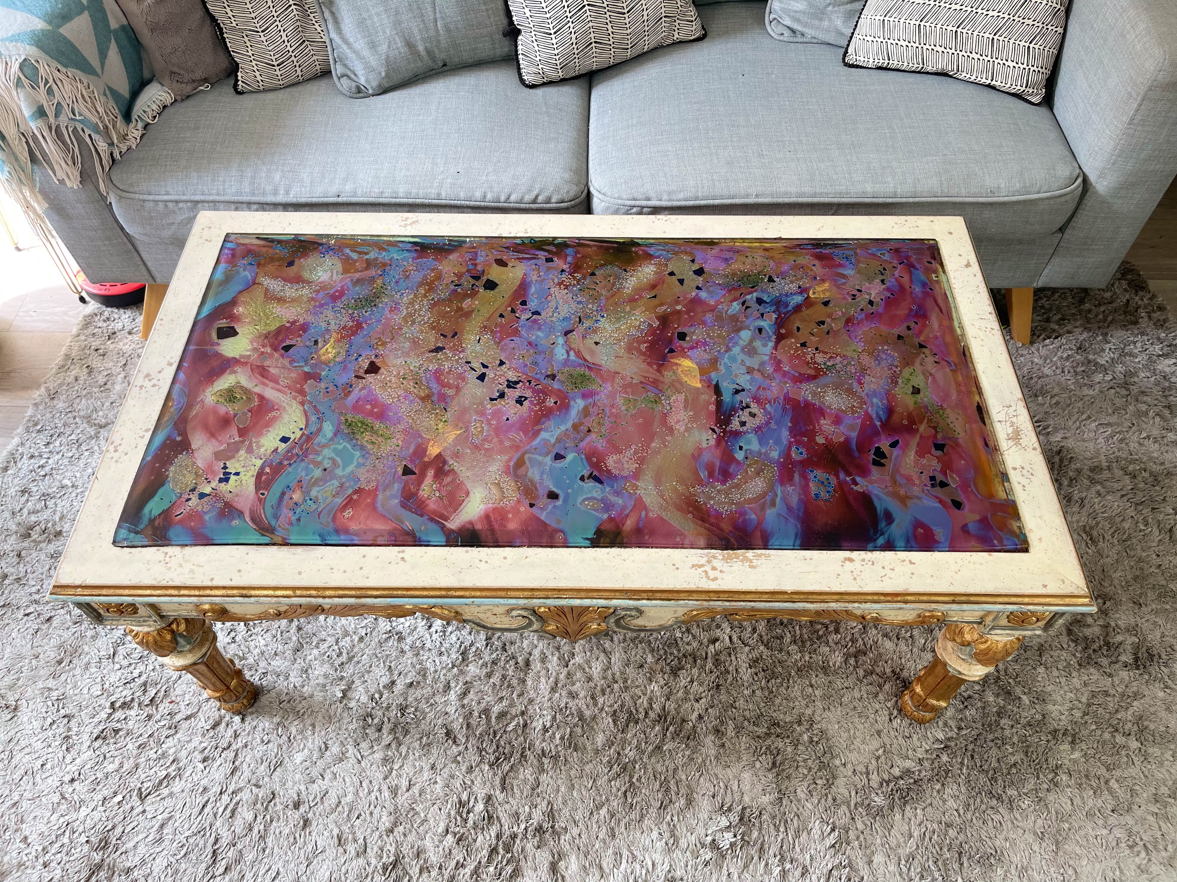Baroque style coffee table colored glass